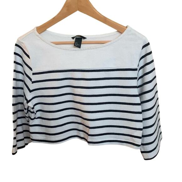 H&M Blue White Striped Crop Wide Sleeve Knit Top Size S Nautical Preppy Beachy - Picture 3 of 9